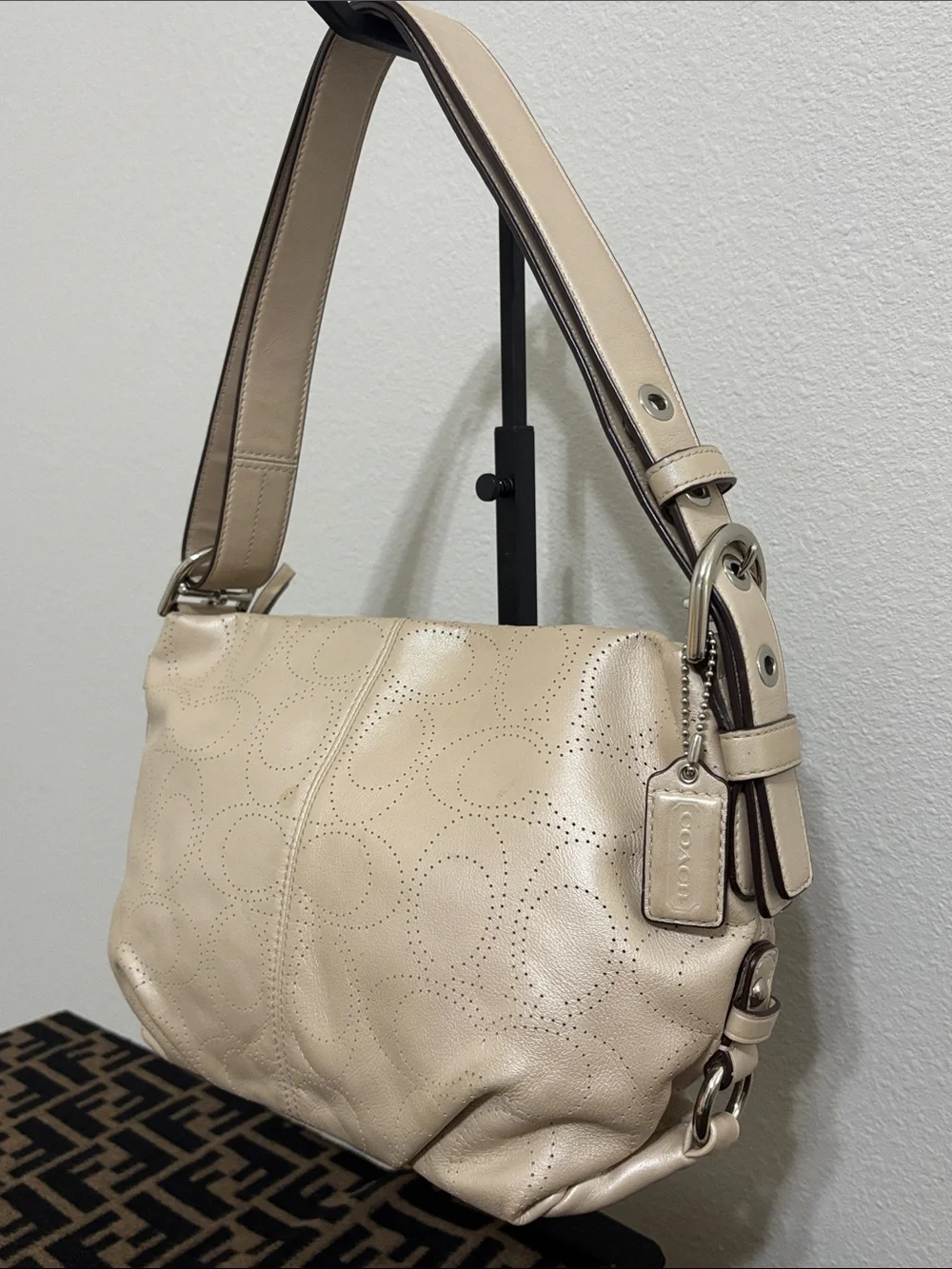 Coach Cream Perforated Signature Leather Shoulder Bag